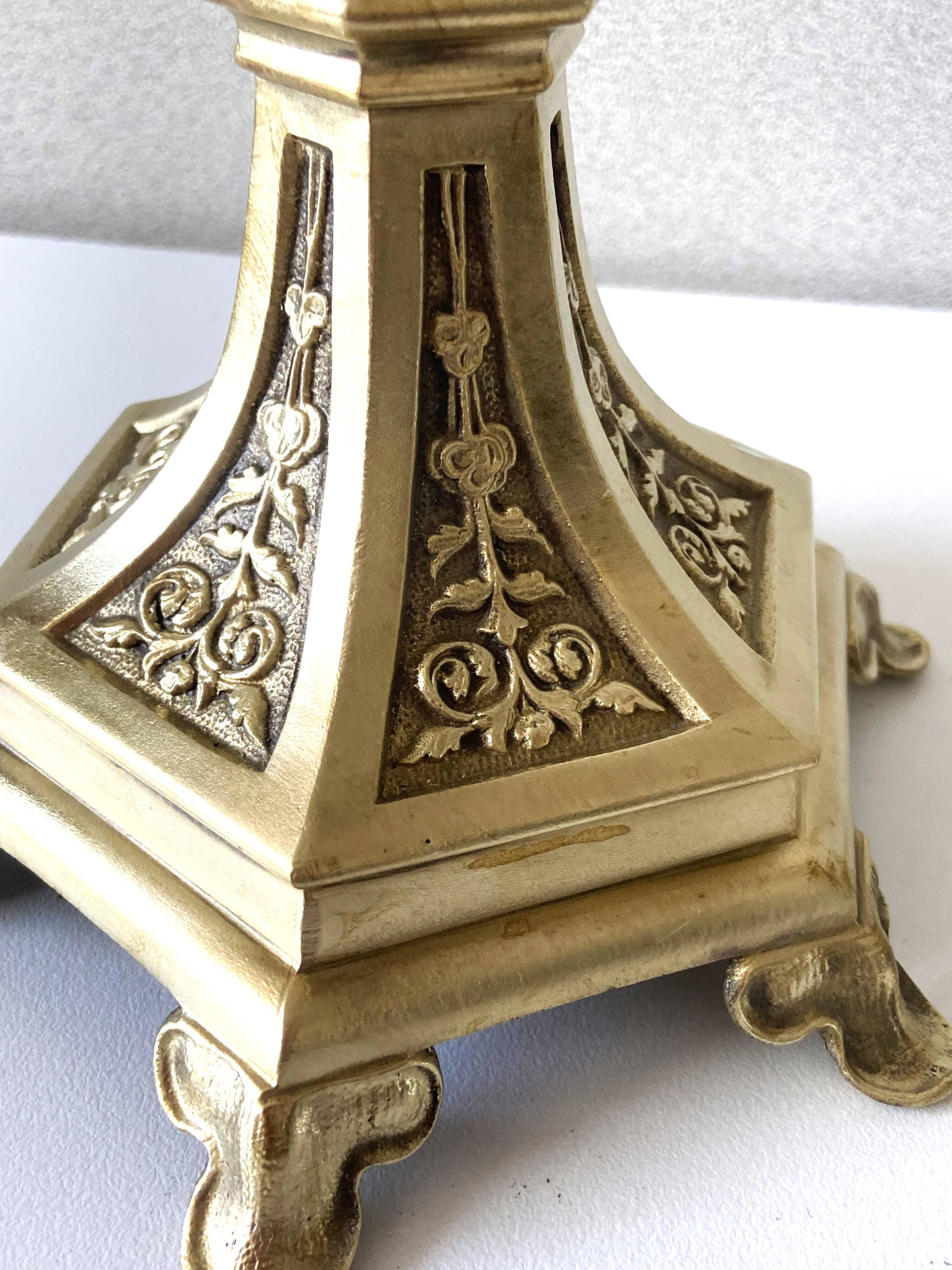 Pair of Antique Gothic Revival Candle Holders in Gold Bronze