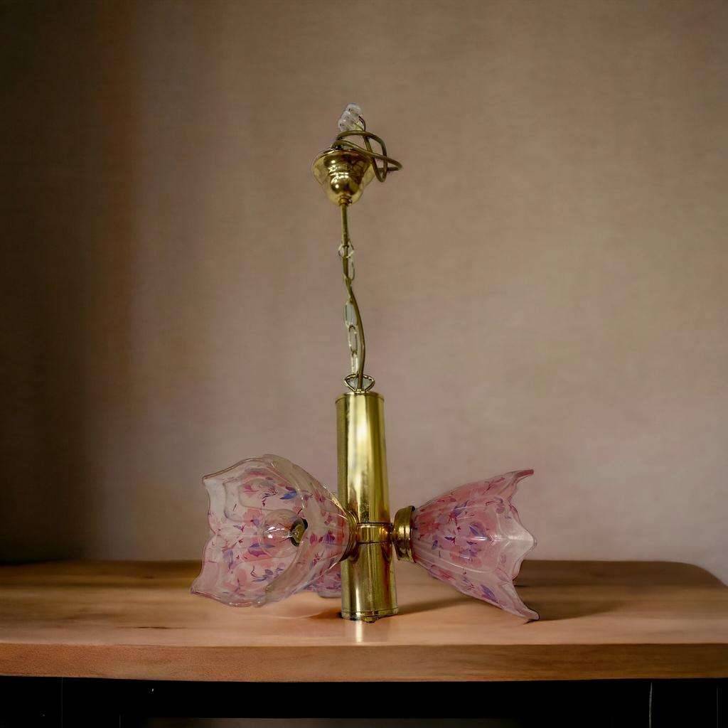 VINTAGE SPUTNIK BRASS CHANDELIER WITH PINK SHADES