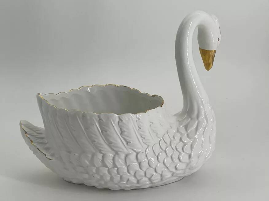 Vintage white and gold ceramic swan planter