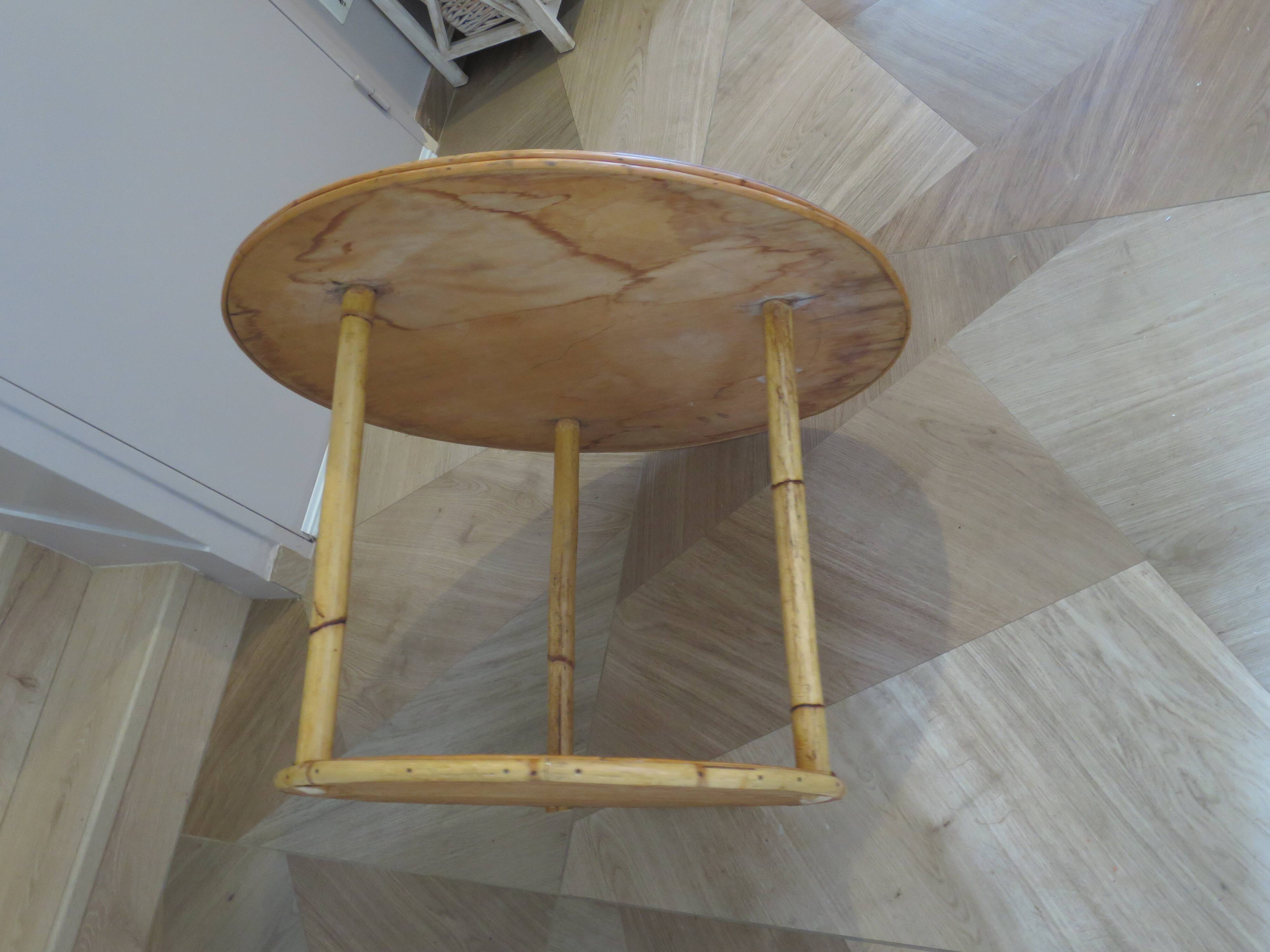 Table basse ronde bambou rotin et bois motif étoile années 80