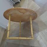 Round coffee table with bamboo, rattan and wood, star pattern, 80s