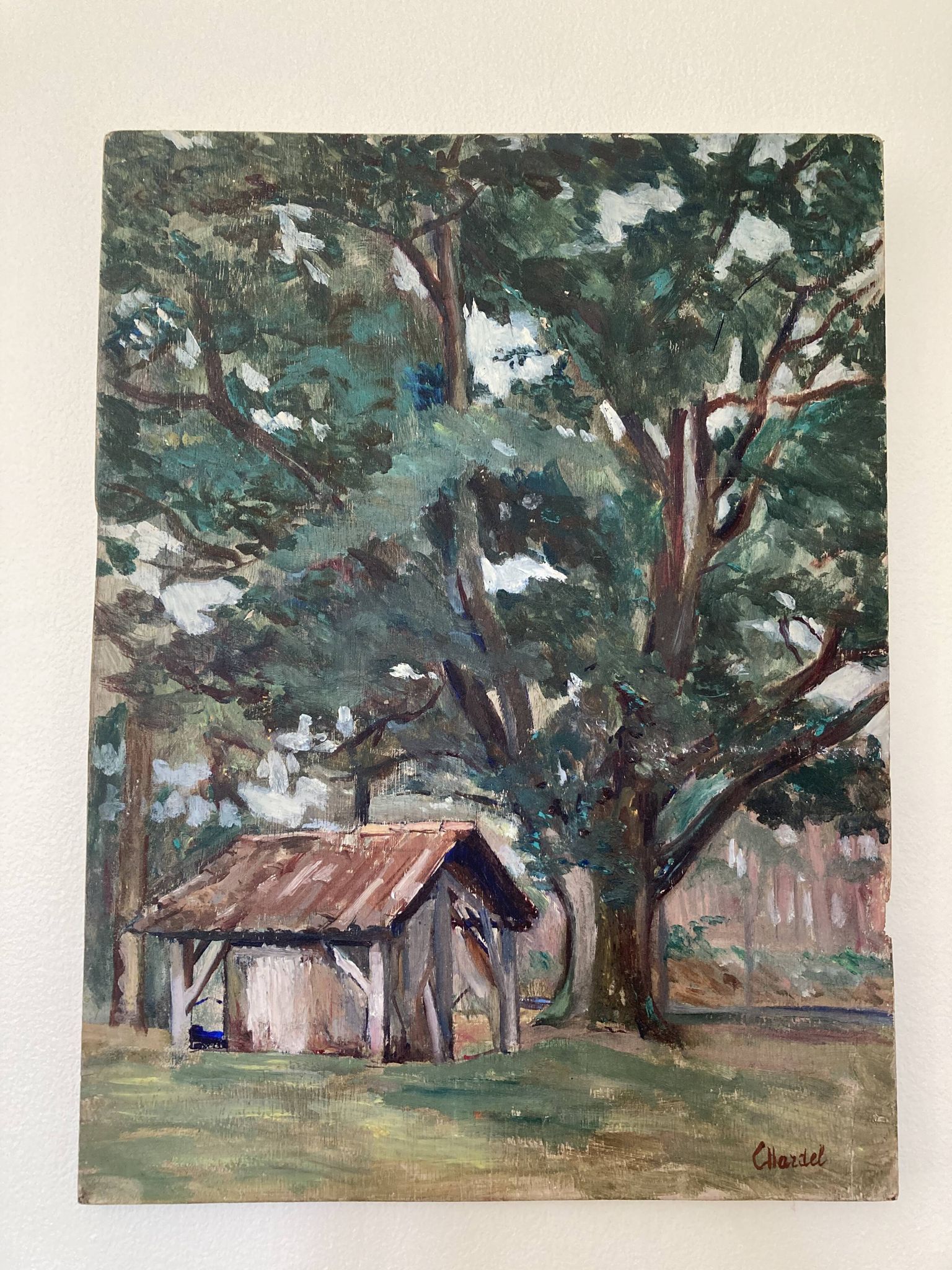 Oil on wood panel, old painting signed representing a tree and a bread oven of the Landes