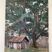 Oil on wood panel, old painting signed representing a tree and a bread oven of the Landes