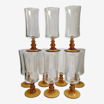 Lot de 10 flûtes à champagne en verre ambré Made in France années 70