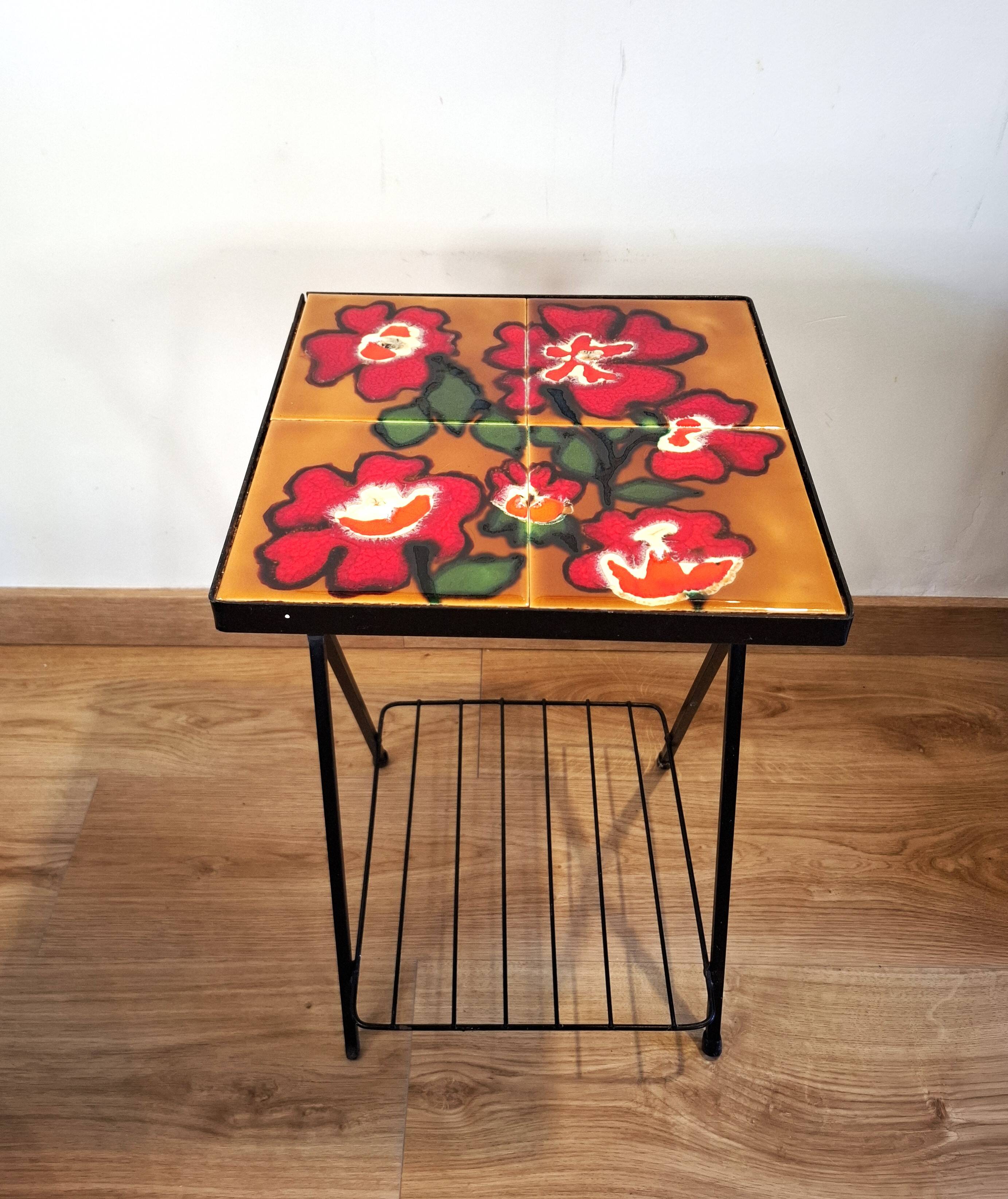 support plat METTLACH vintage en fer forgé et céramique made