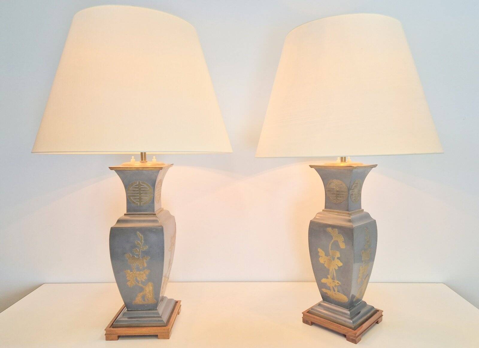 Vintage Asian Table Lamps in Pewter and Brass, 1950s, Set of 2