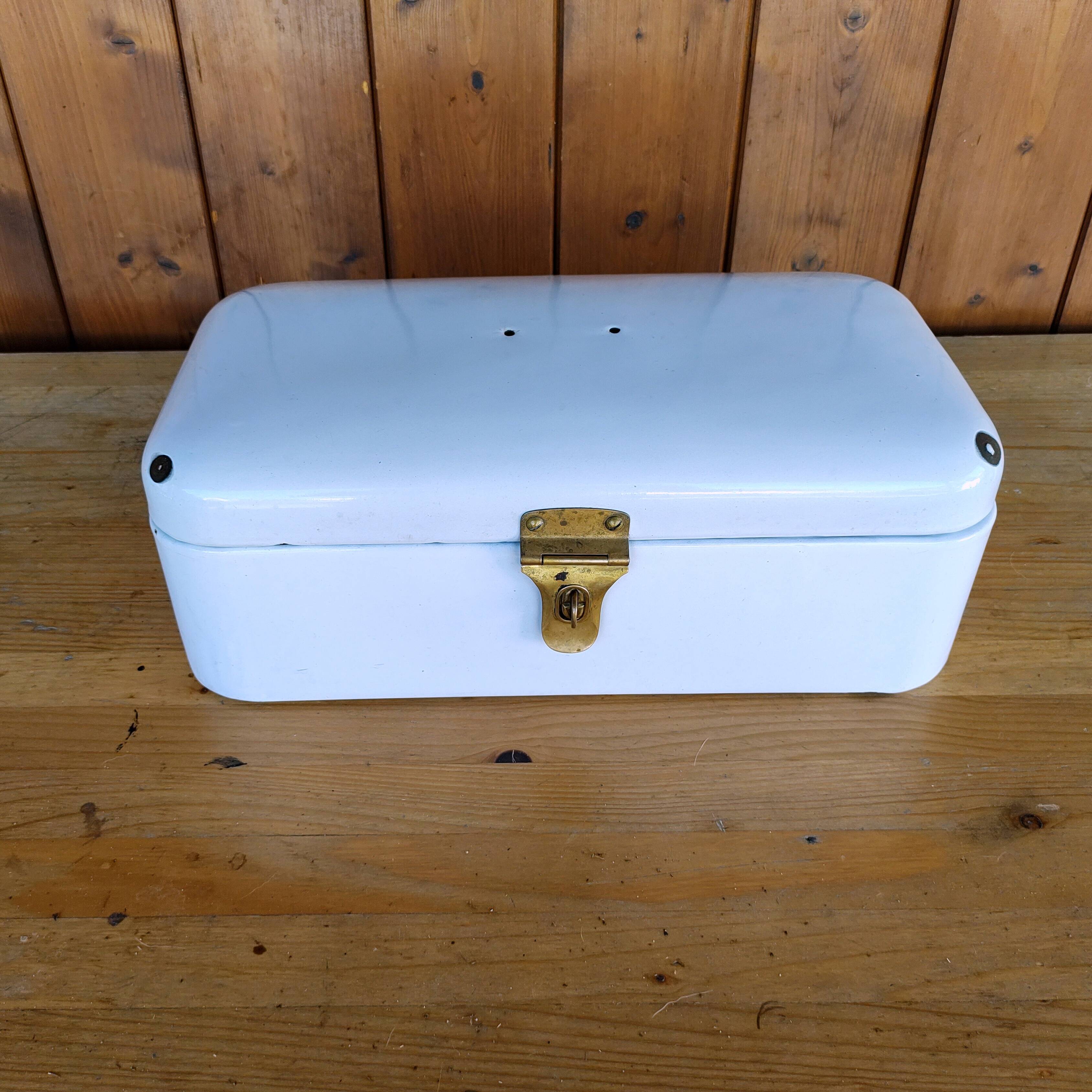 Vintage bread box - white enamel and brass - retro