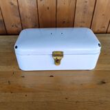 Vintage bread box - white enamel and brass - retro