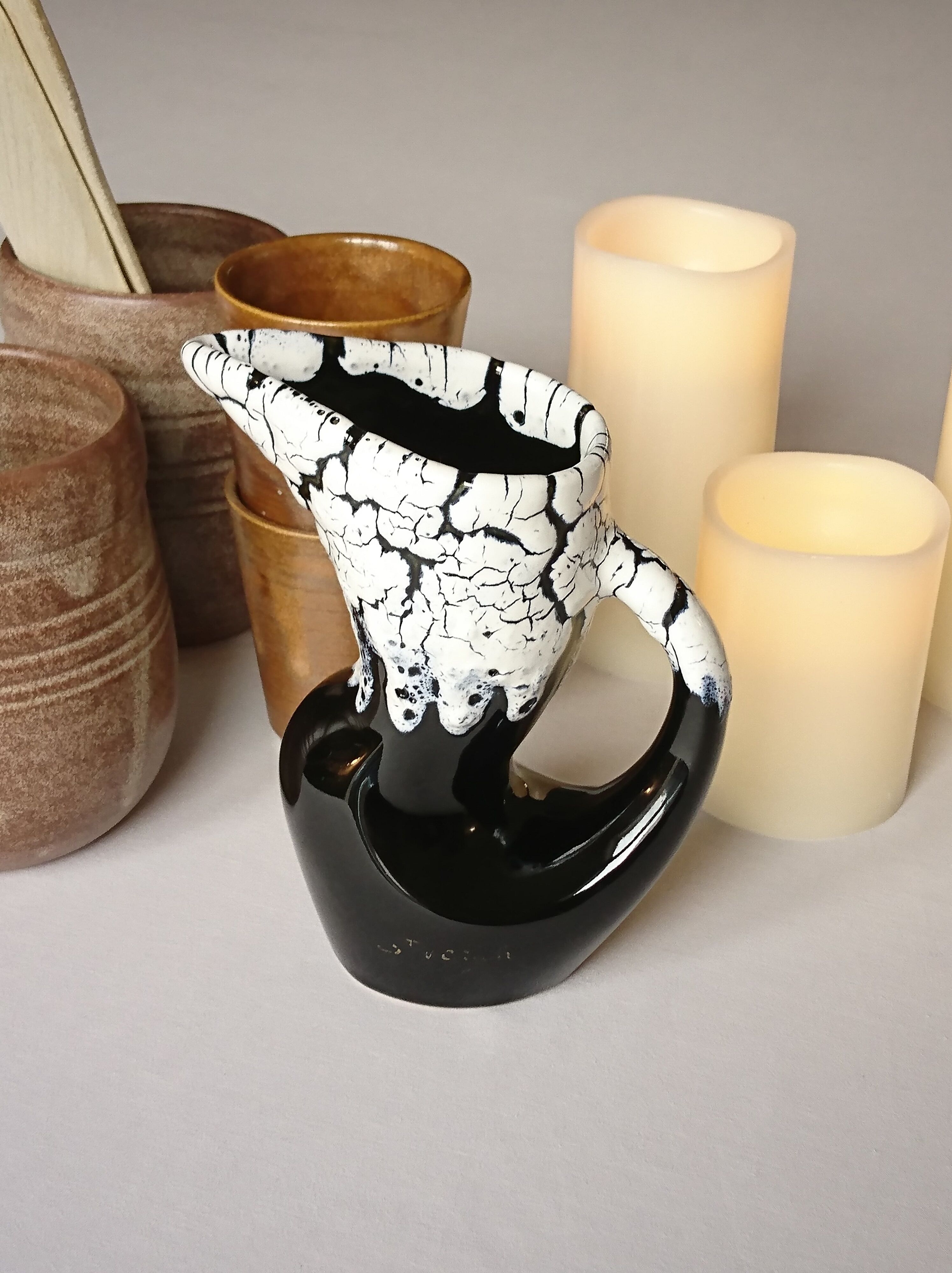 Ceramic pitcher fat lava midnight blue and white signed