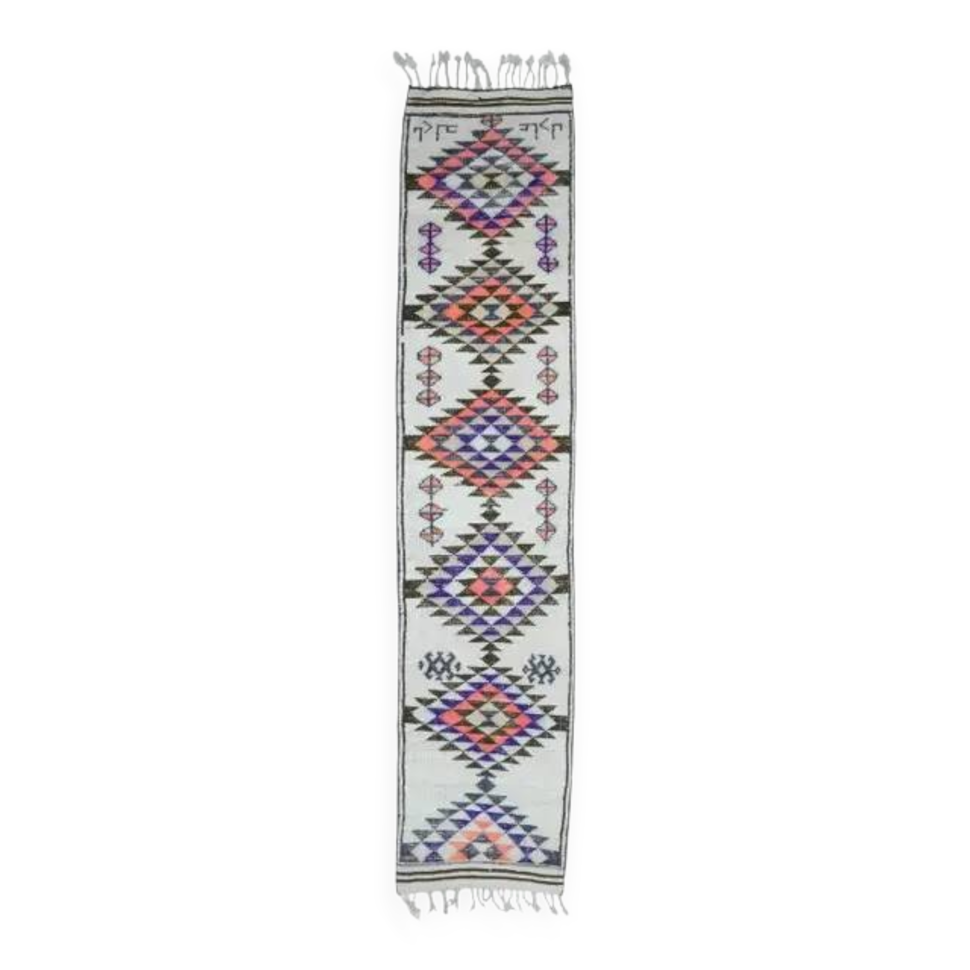 1970s Natural White Geometric Turkish Hand-Knotted Runner 80x365