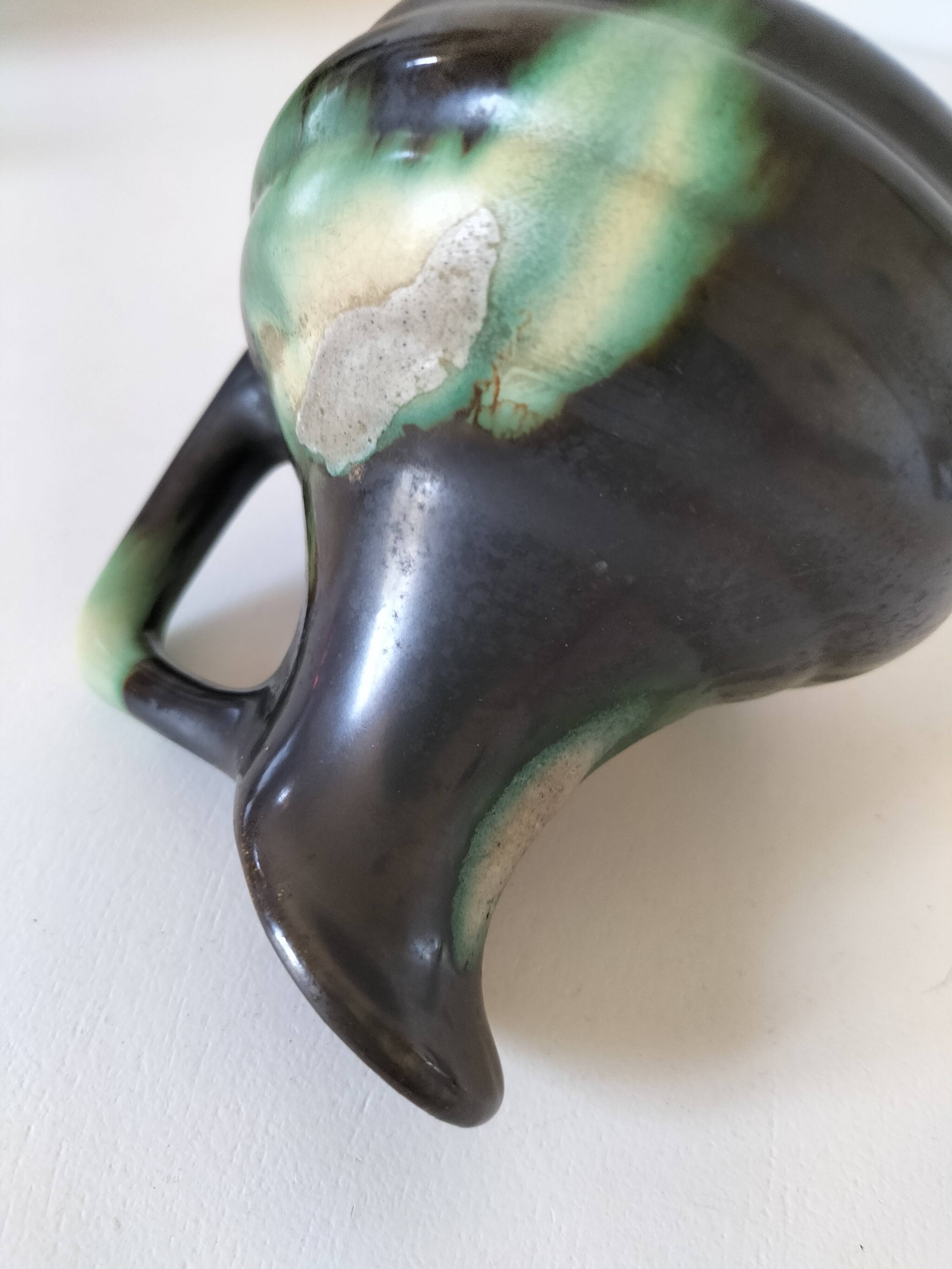Ceramic pitcher Thulin Belgium flamed green black enamel