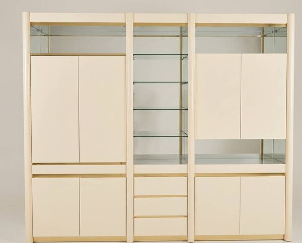 Bibliothèque - Living Mural Laqué Ivoire et Laiton - Jean Claude Mahey