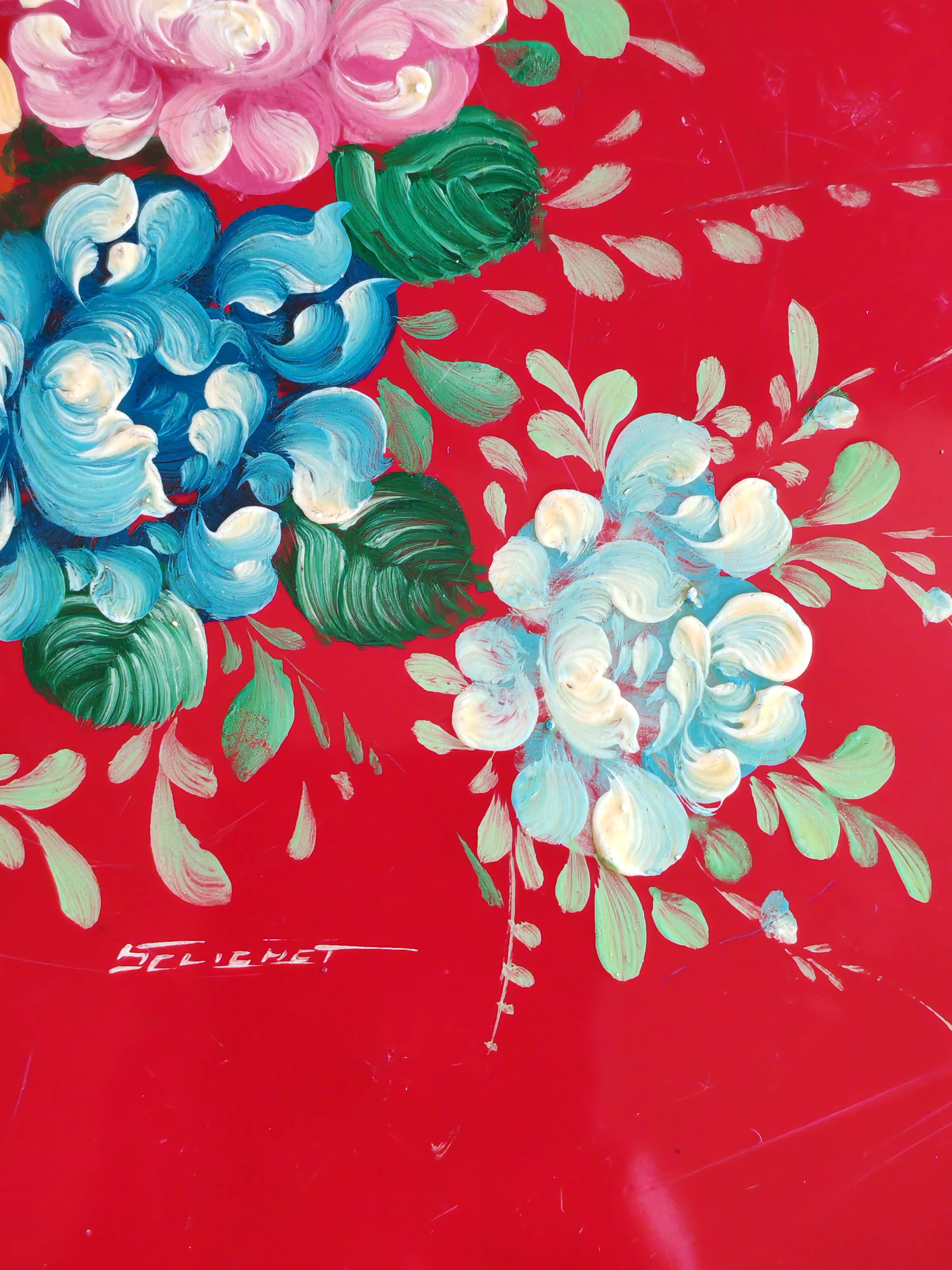 Old Red Plate Signed - Hand-Painted Floral Decoration