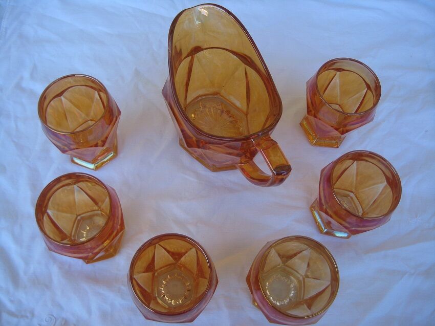 Old orange service pitcher & 6 glasses