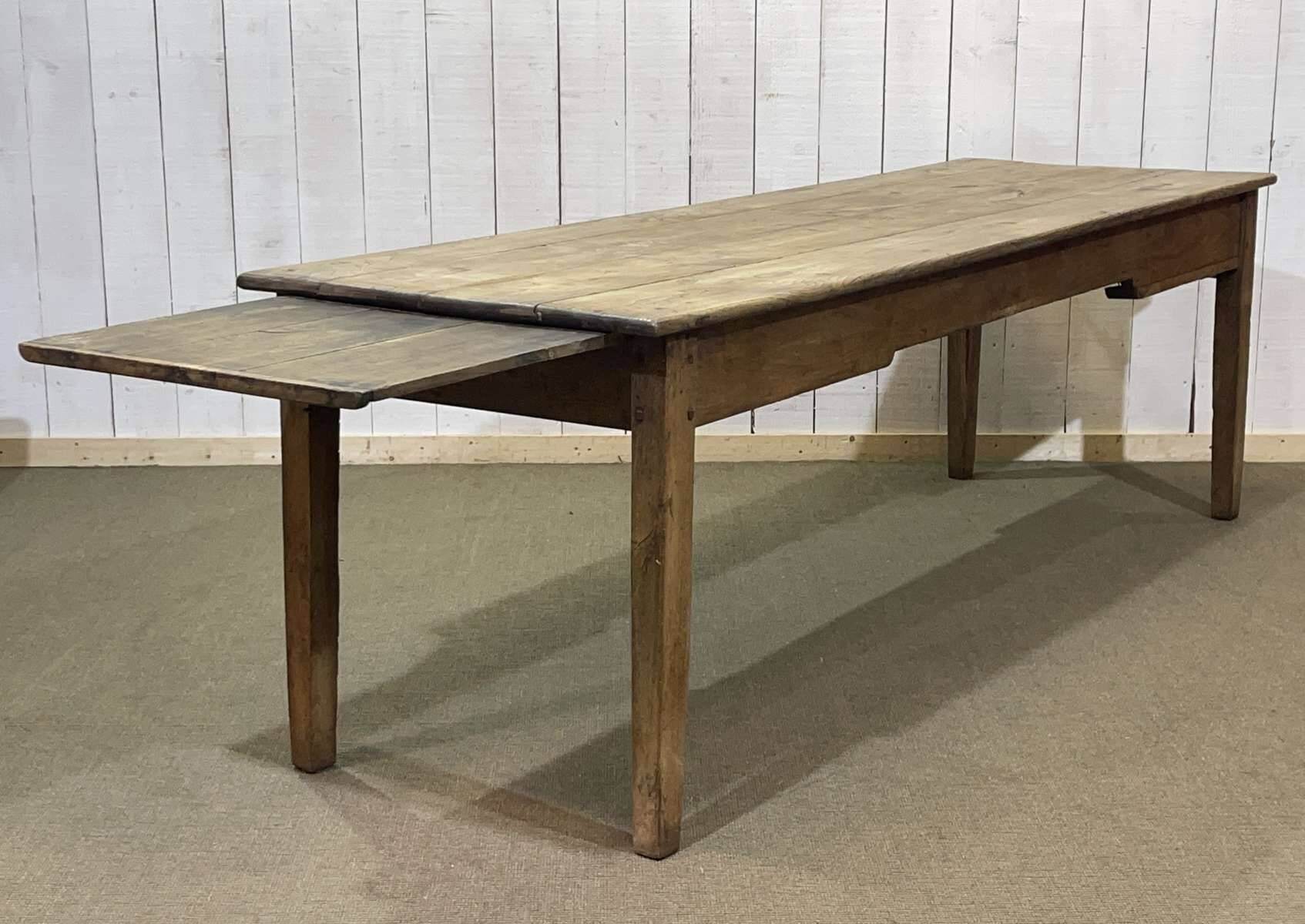 19th century farmhouse table in raw chestnut with original drawer and shelf