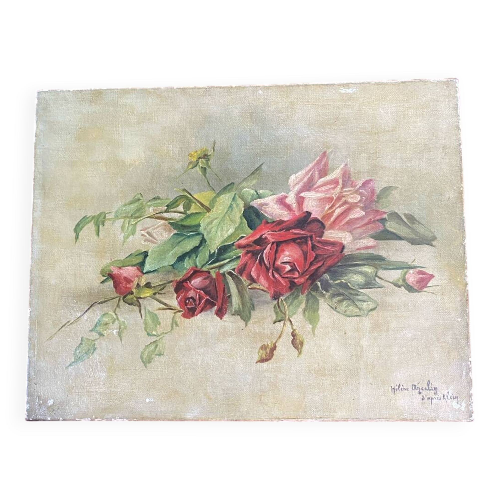 Oil on canvas signed "armful of roses" old