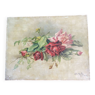 Oil on canvas signed "armful of roses" old