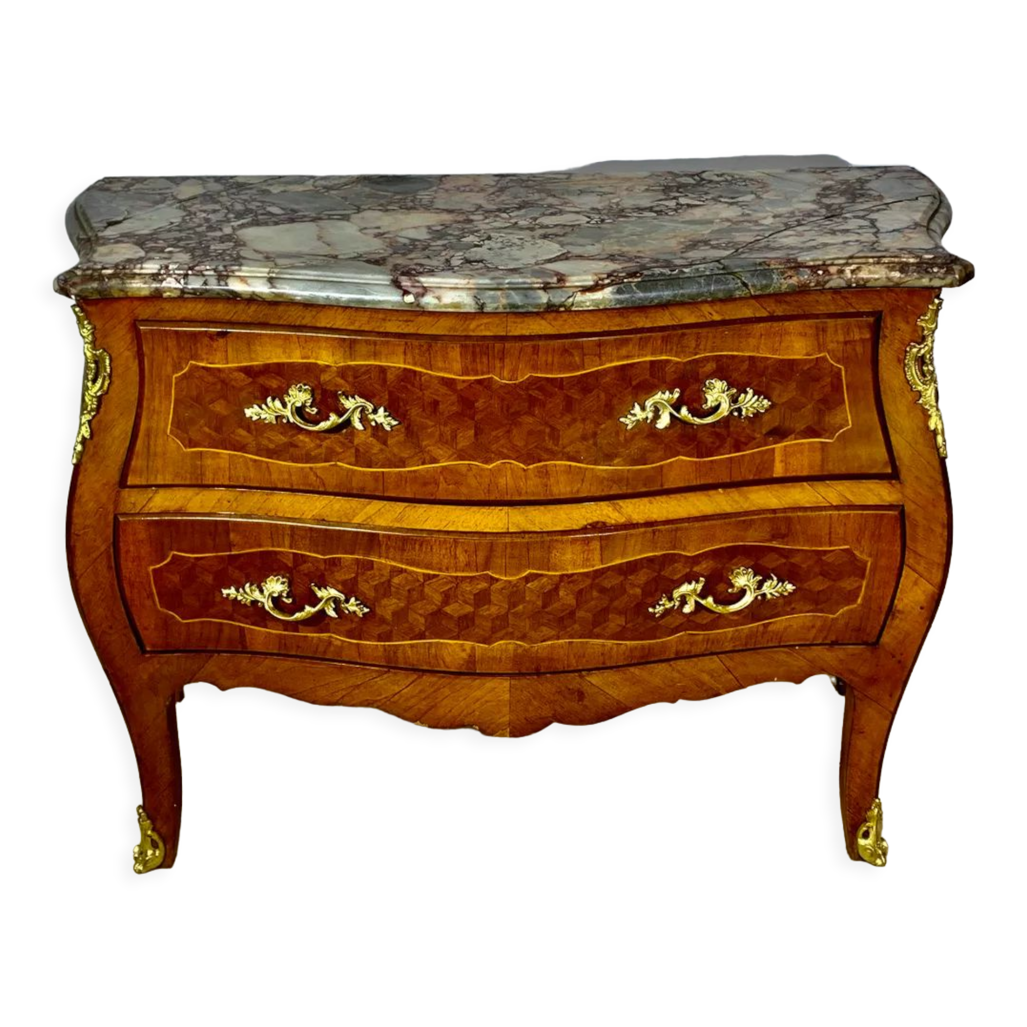 Louis XV style chest of drawers, precious wood cube marquetry, rosewood, violet wood.