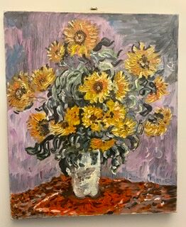 Painting, still life with sunflowers, oil on canvas 60/70