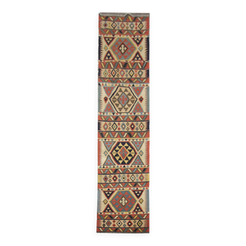 Handmade Wool Kilim Runner, Beige Tribal Geometric Zig Zag Hallway Rug