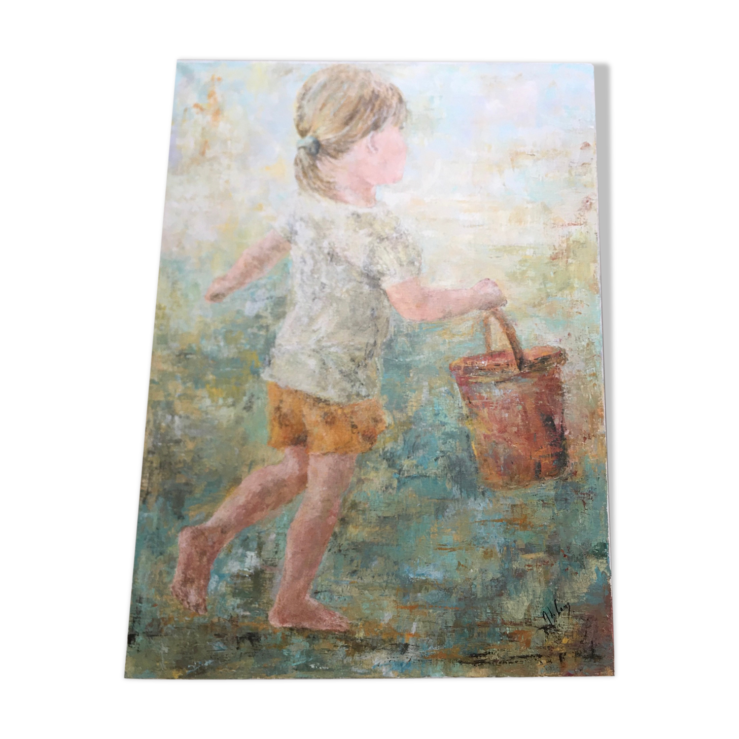 Oil on canvas portrait of a little girl with seal by Anne lejars