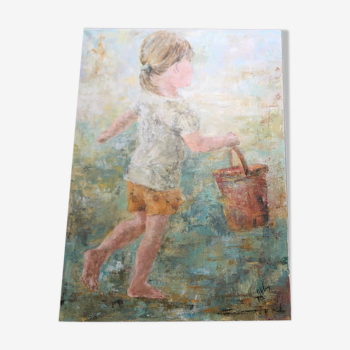 Huile sur toile portrait d’une petite fille au sceau par Anne lejars