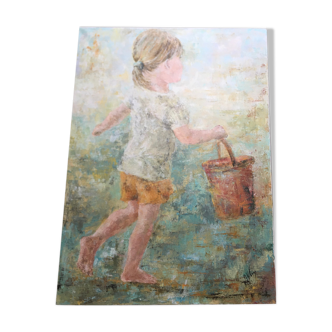 Huile sur toile portrait d’une petite fille au sceau par Anne lejars
