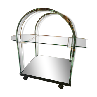 Vintage bar trolley in curved glass and mirror/Fiam Italy