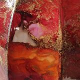 Gadrooned ball vase, in lacquered Art glass. Decor: pink tones of smoke, gold powder inclusions. Signed Sylvie Montagnon. Size 20 x 20 cm