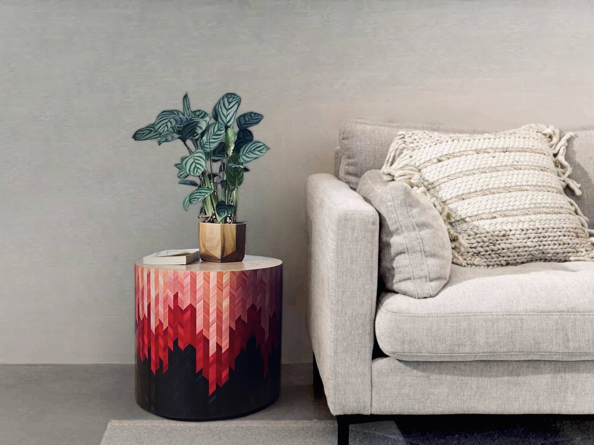 Side table with straw/inlaid concrete.