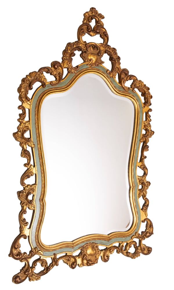 Miroir biseauté de style Louis XV baroque doré avec étiquette ''Brevete'', années 1950.