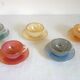 5 vintage Arcopal Harlequin teacups with saucers