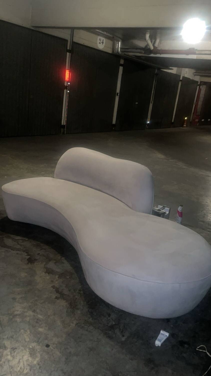 “Zoe” sofa in gray Alcantara leather by Vladimir Kagan for American