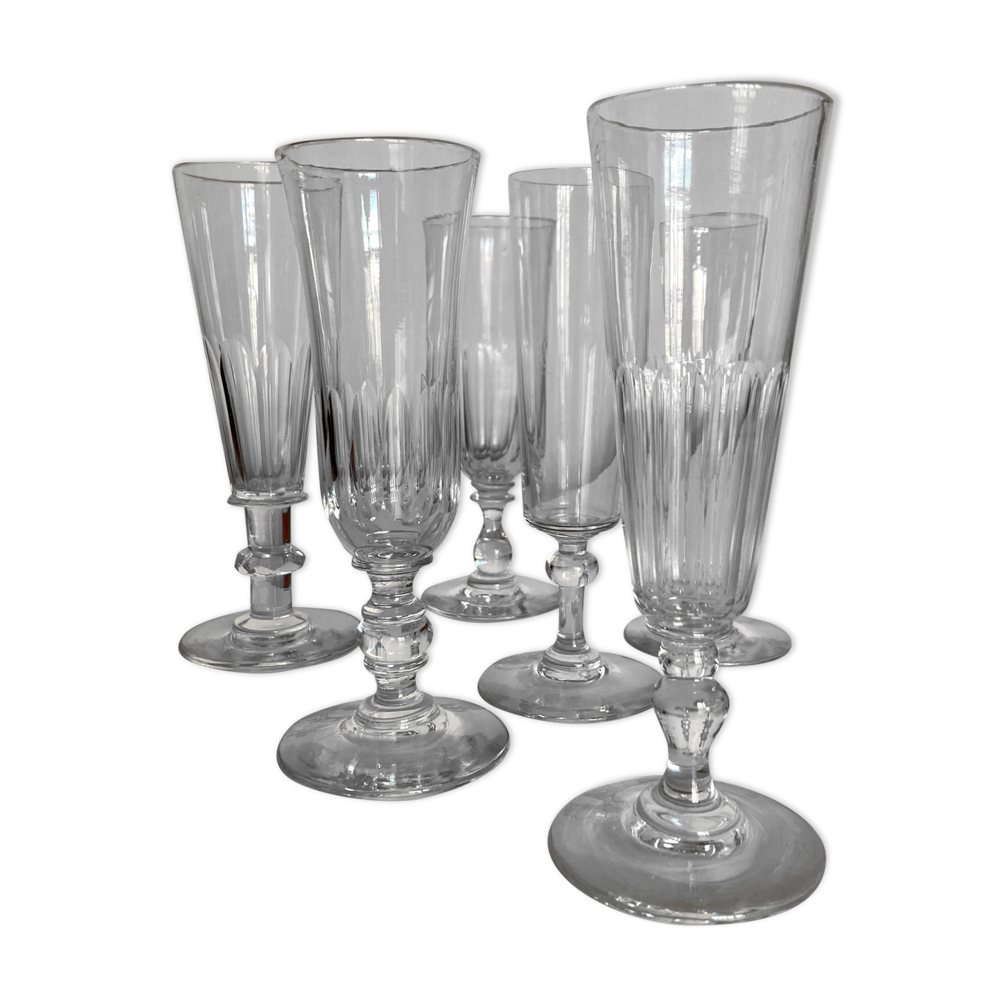 Set of 6 assorted 19th century flat-sided crystal champagne coupes