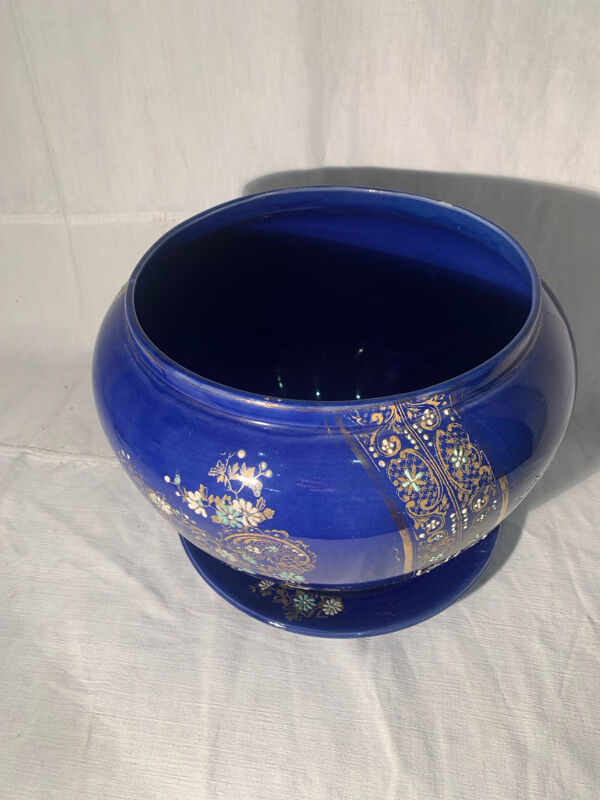 Ancien cache-pot bleu, céramique, faïence Art nouveau ver 1900