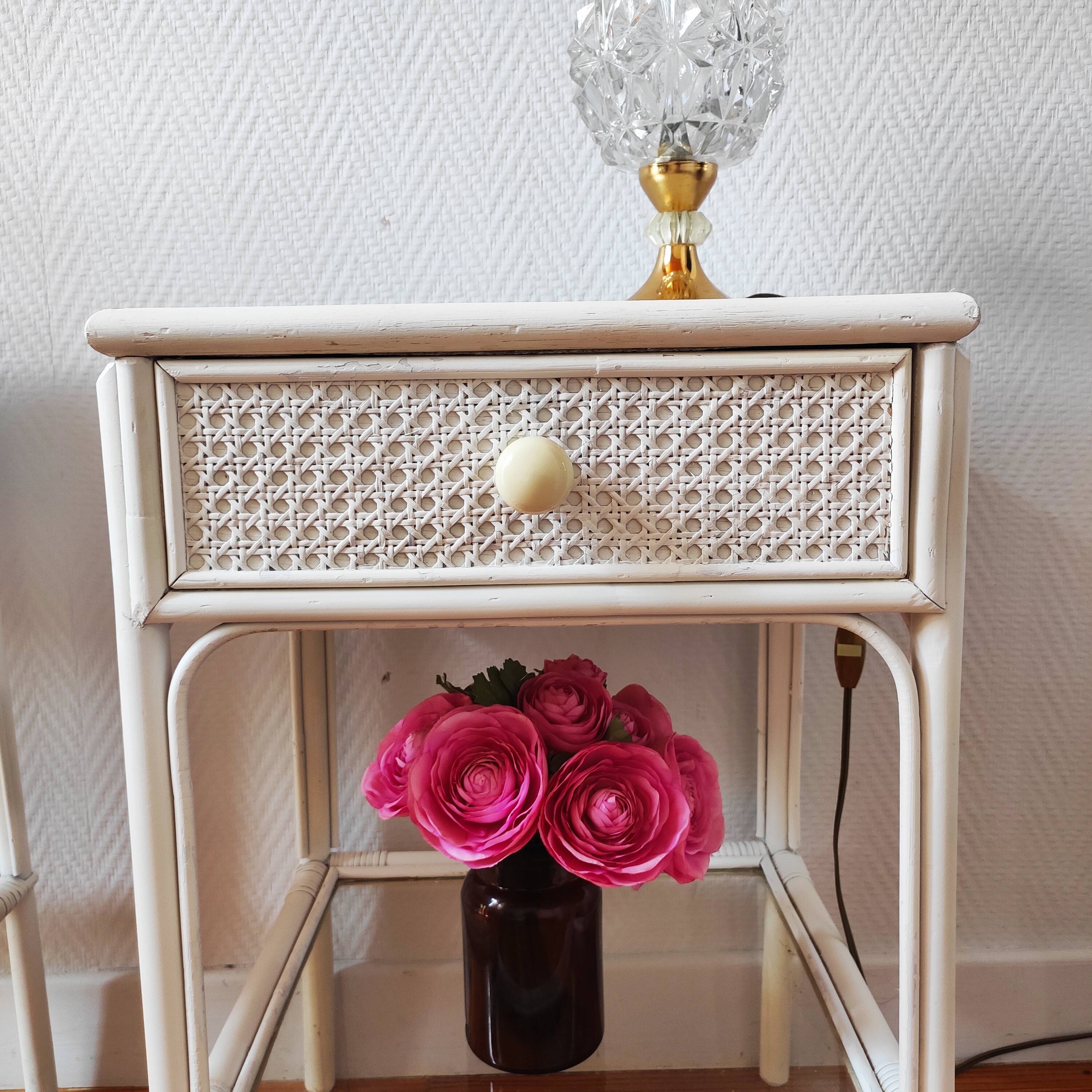 Pair of vintage 1970s rattan bedside tables