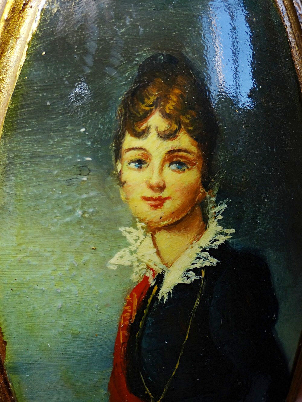 Small vintage Venetian oil on wood convex medallion portrait.
