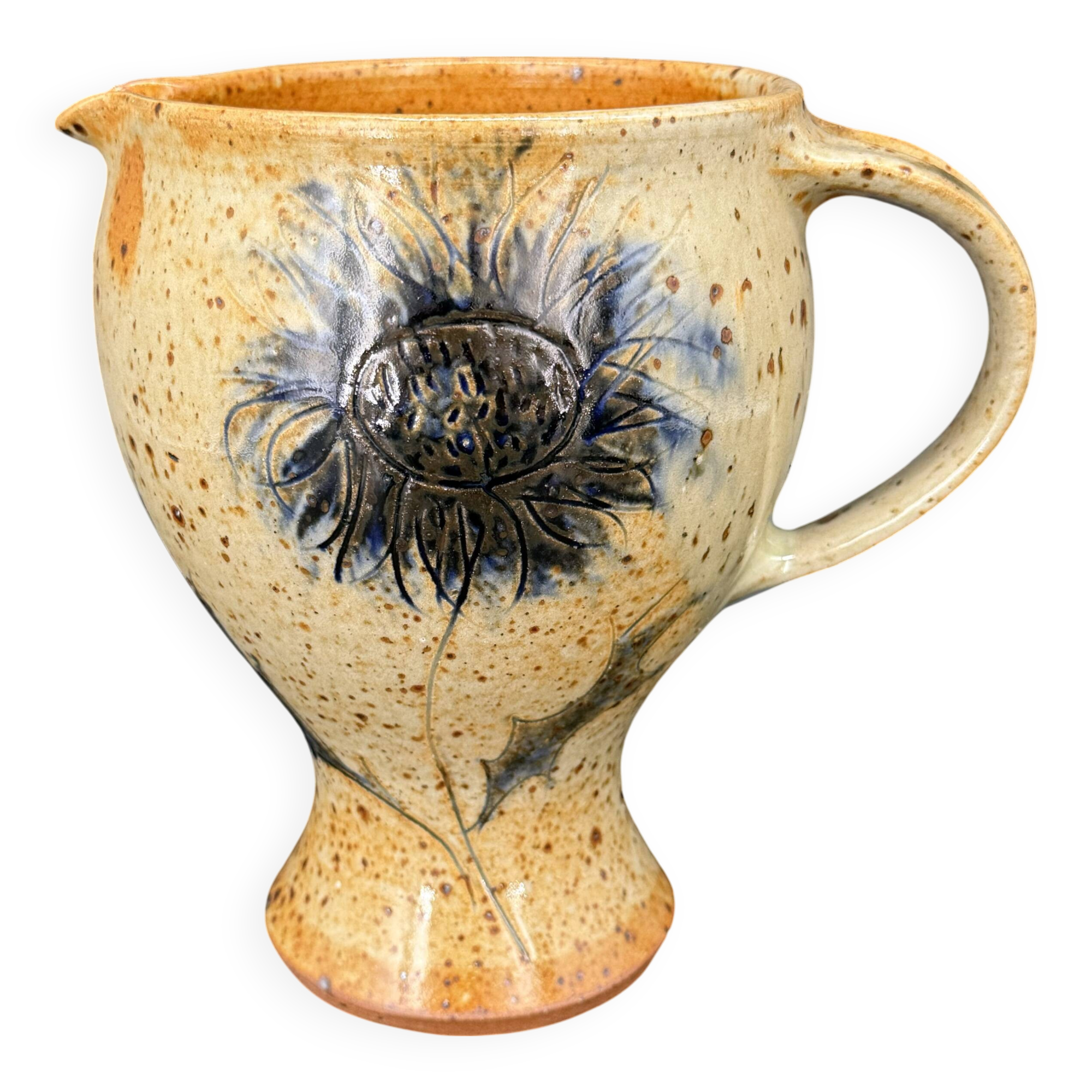 Stoneware pitcher signed Suzanne Dauliach – Incised Floral Thistle Decor
