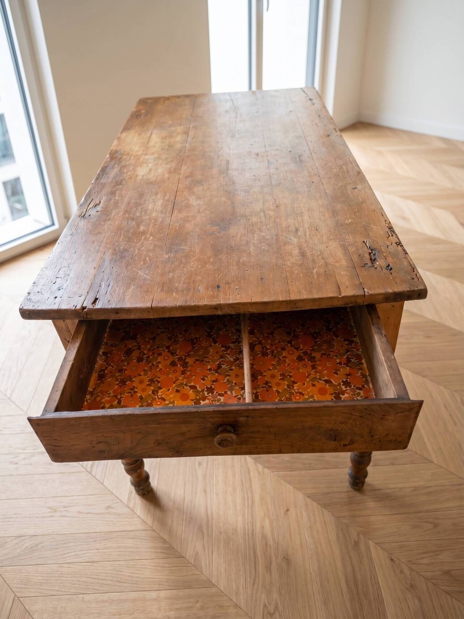 Rustic solid wood dining table with drawer
