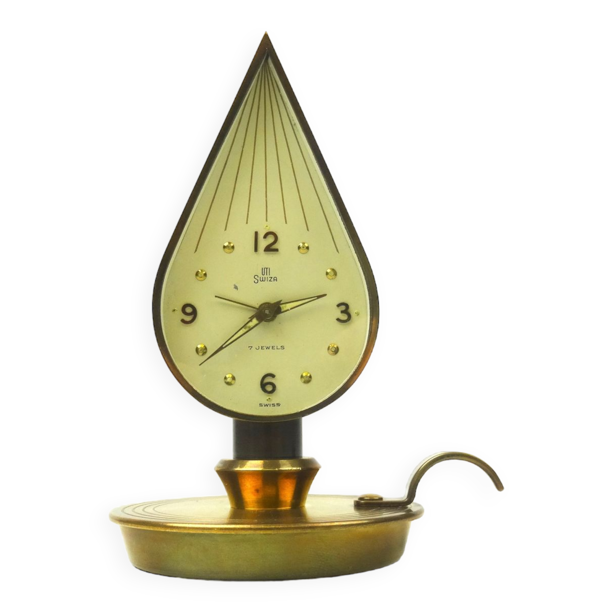 Lovely rare mid century Swiza brass candlelight shape desk clock Hollywood Regency Swiss 1950