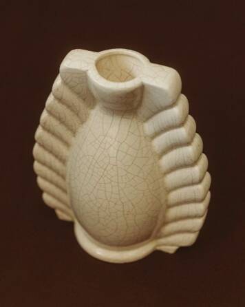 Neo-Art Deco white crackled ceramic vase with raised palmettes