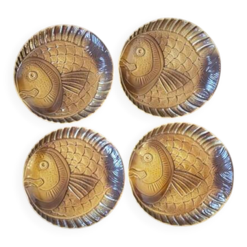 Set of 4 brown ceramic fish plates Digoin Sarreguemines