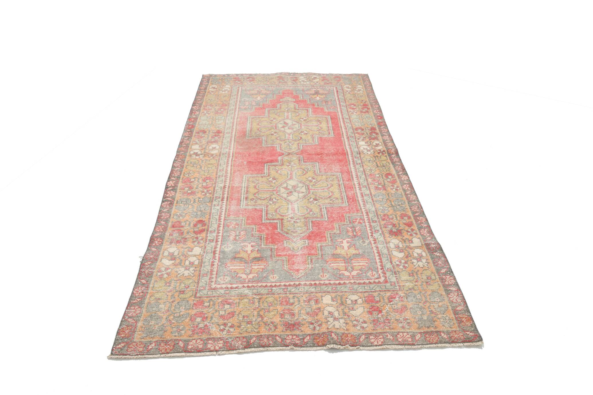 Turkish Light Yellow & Red Vintage Rug, 135x253Cm