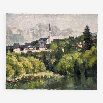 Tableau vintage d'un paysage multicolore