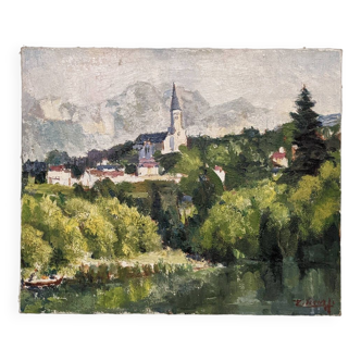 Tableau vintage d'un paysage multicolore