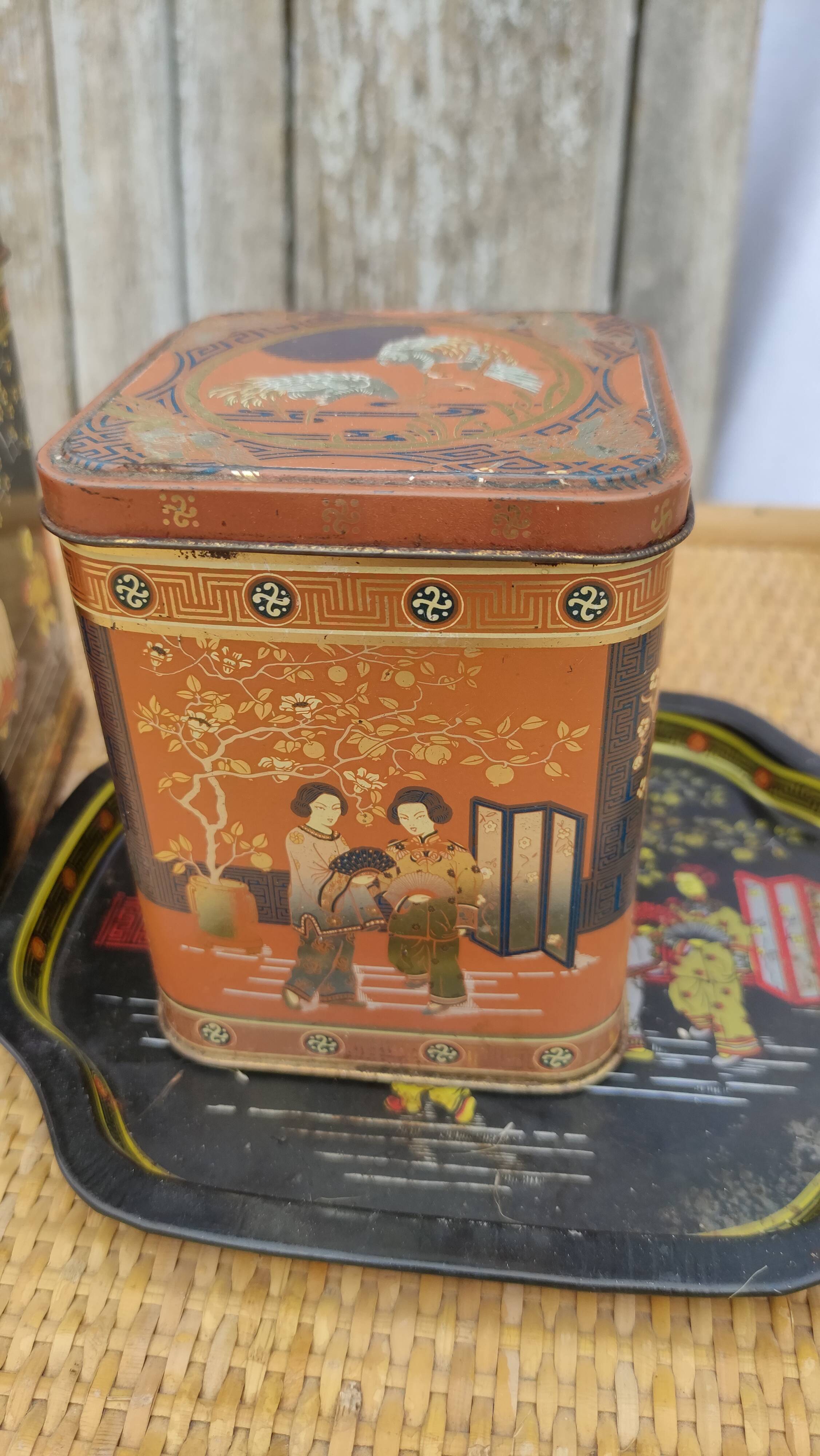 Vintage white metal tea boxes