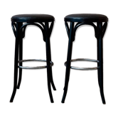Paire de tabourets de bar bistrot noir, chrome et vinyle écaille, années 60