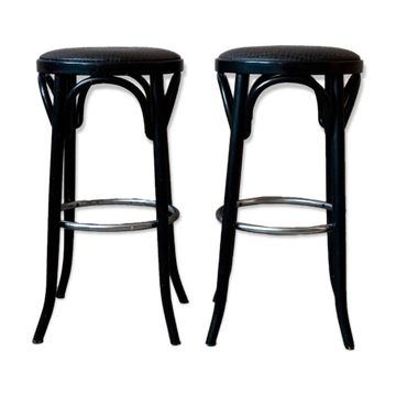 Paire de tabourets de bar bistrot noir, chrome et vinyle écaille, années 60