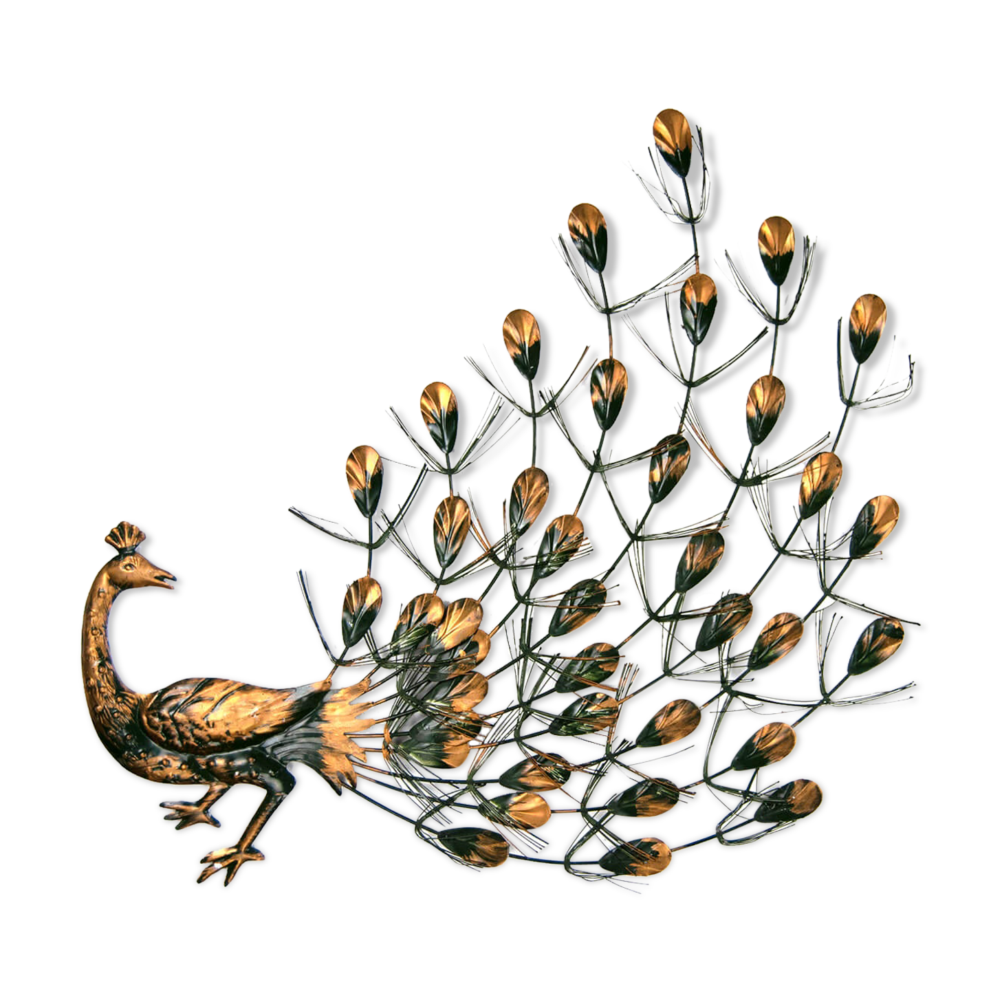 Wall decoration "peacock" metal patinated 1960
