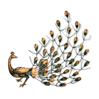 Wall decoration "peacock" metal patinated 1960